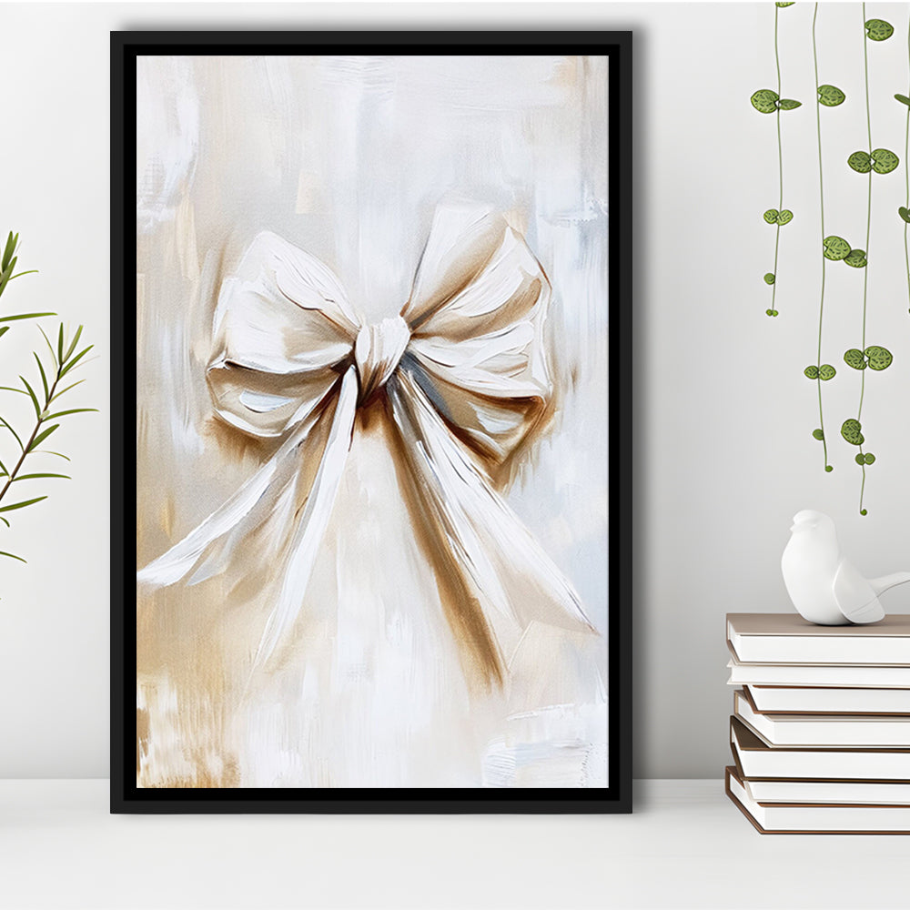 Ivory Bow Coquette Oil Painting Vintage Print Nursery Girly Preppy, Framed Canvas Print Wall Art, Floating Frame