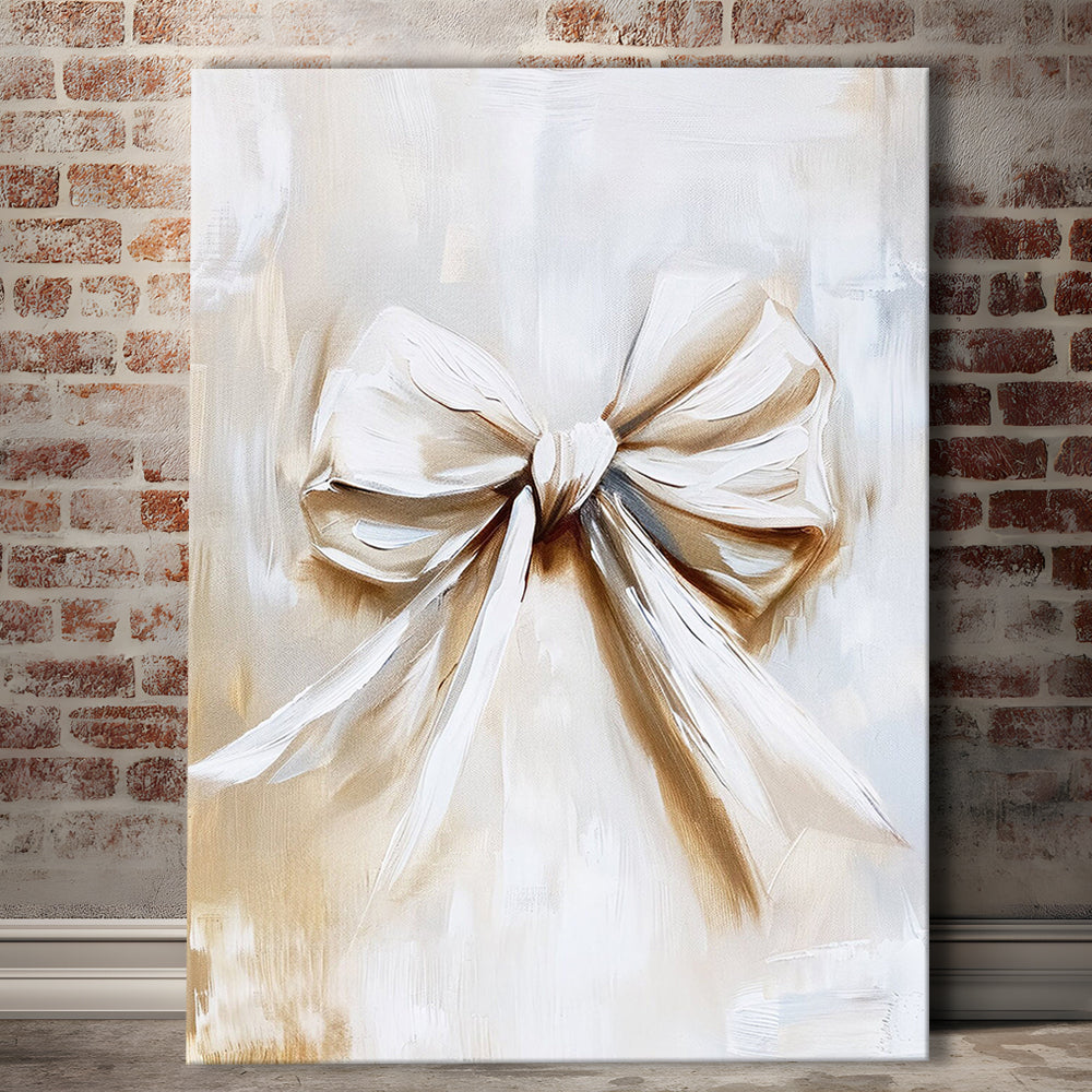 Ivory Bow Coquette Oil Painting Vintage Print Nursery Girly Preppy, Canvas Print Wall Art, Wall Decor, Painting Canvas