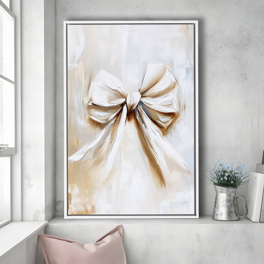 Ivory Bow Coquette Oil Painting Vintage Print Nursery Girly Preppy, Framed Canvas Print Wall Art, Floating Frame
