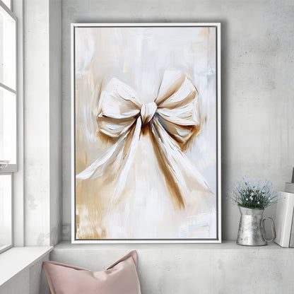 Ivory Bow Coquette Oil Painting Vintage Print Nursery Girly Preppy, Framed Canvas Print Wall Art, Floating Frame