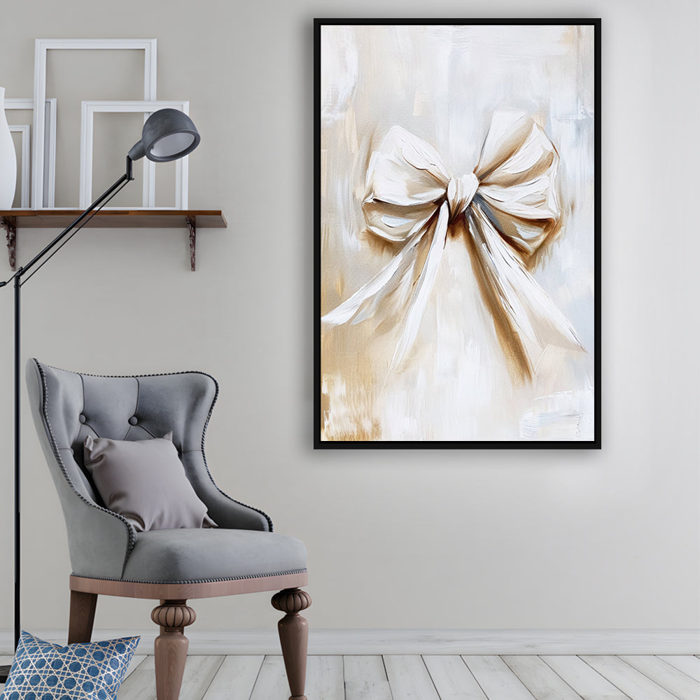 Ivory Bow Coquette Oil Painting Vintage Print Nursery Girly Preppy, Framed Canvas Print Wall Art, Floating Frame