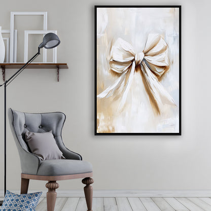 Ivory Bow Coquette Oil Painting Vintage Print Nursery Girly Preppy, Framed Canvas Print Wall Art, Floating Frame