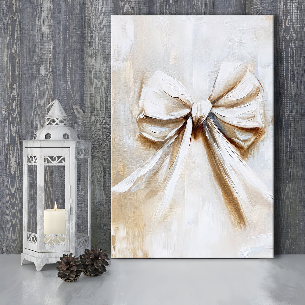 Ivory Bow Coquette Oil Painting Vintage Print Nursery Girly Preppy, Canvas Print Wall Art, Wall Decor, Painting Canvas