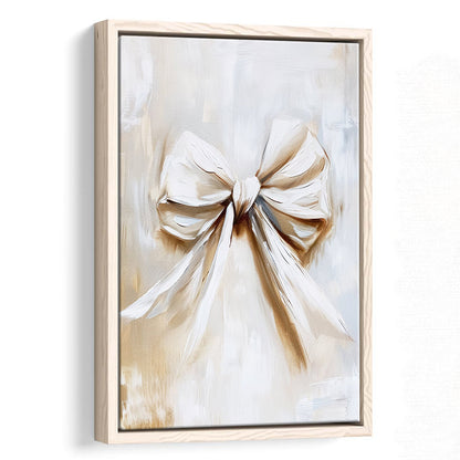 Ivory Bow Coquette Oil Painting Vintage Print Nursery Girly Preppy, Framed Canvas Print Wall Art, Floating Frame