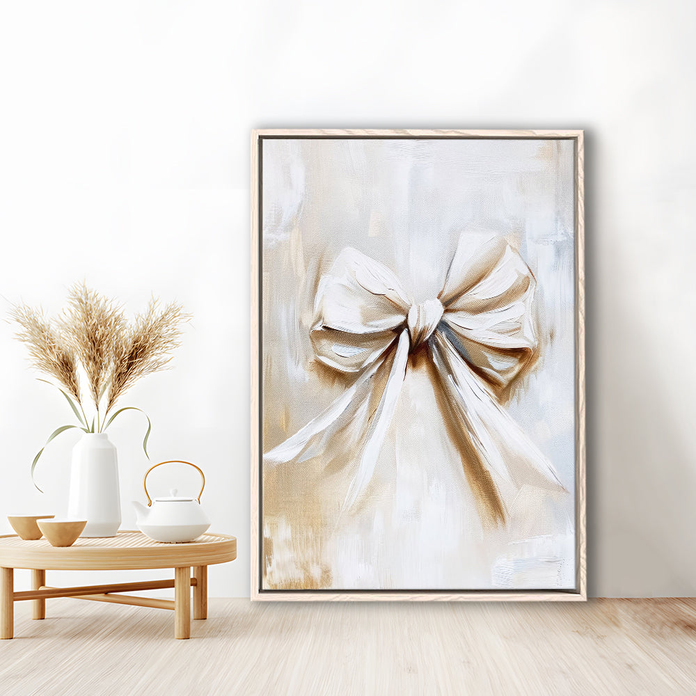 Ivory Bow Coquette Oil Painting Vintage Print Nursery Girly Preppy, Framed Canvas Print Wall Art, Floating Frame