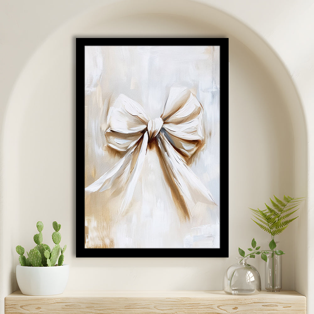 Ivory Bow Coquette Oil Painting Vintage Print Nursery Girly Preppy, Framed Art Print Wall Decor, Picture Framed