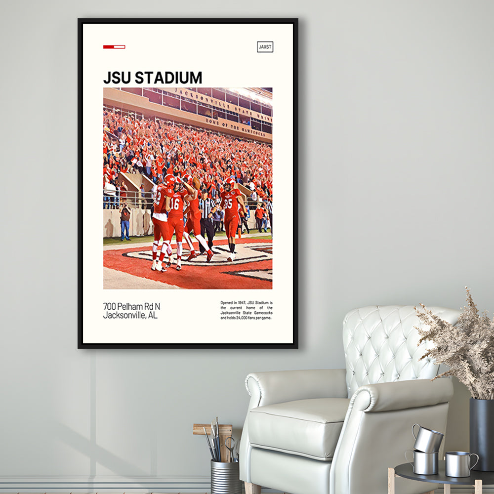 JSU Stadium Print, Jacksonville State Gamecocks Stadium Canvas Art, Man Cave Gift, Floating Framed Canvas Print Wall Art