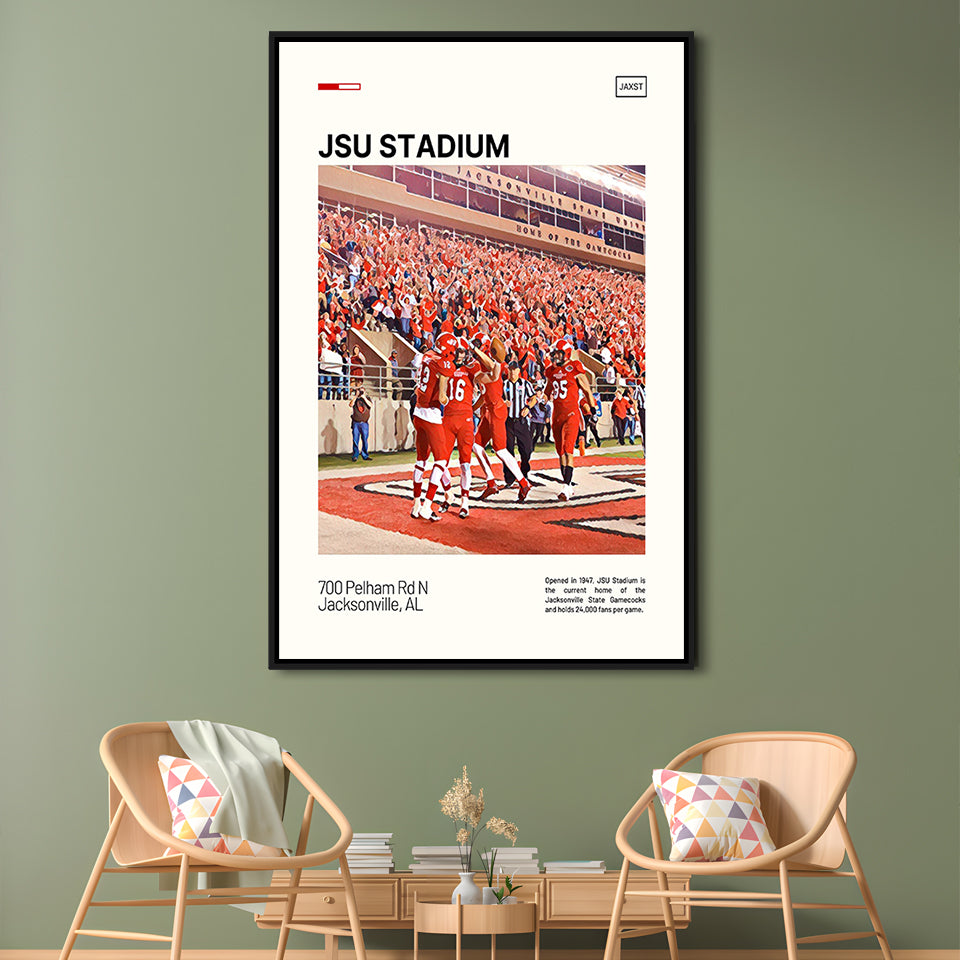 JSU Stadium Print, Jacksonville State Gamecocks Stadium Canvas Art, Man Cave Gift, Floating Framed Canvas Print Wall Art