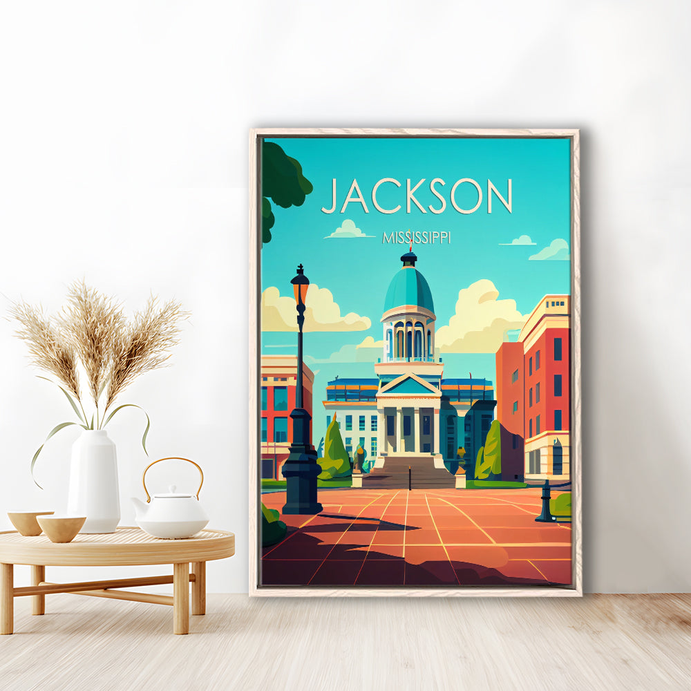 Jackson Mississippi Retro Art Print, Jackson City Wall Art, Floating Framed Canvas Print, Framed Picture, Painting Canvas