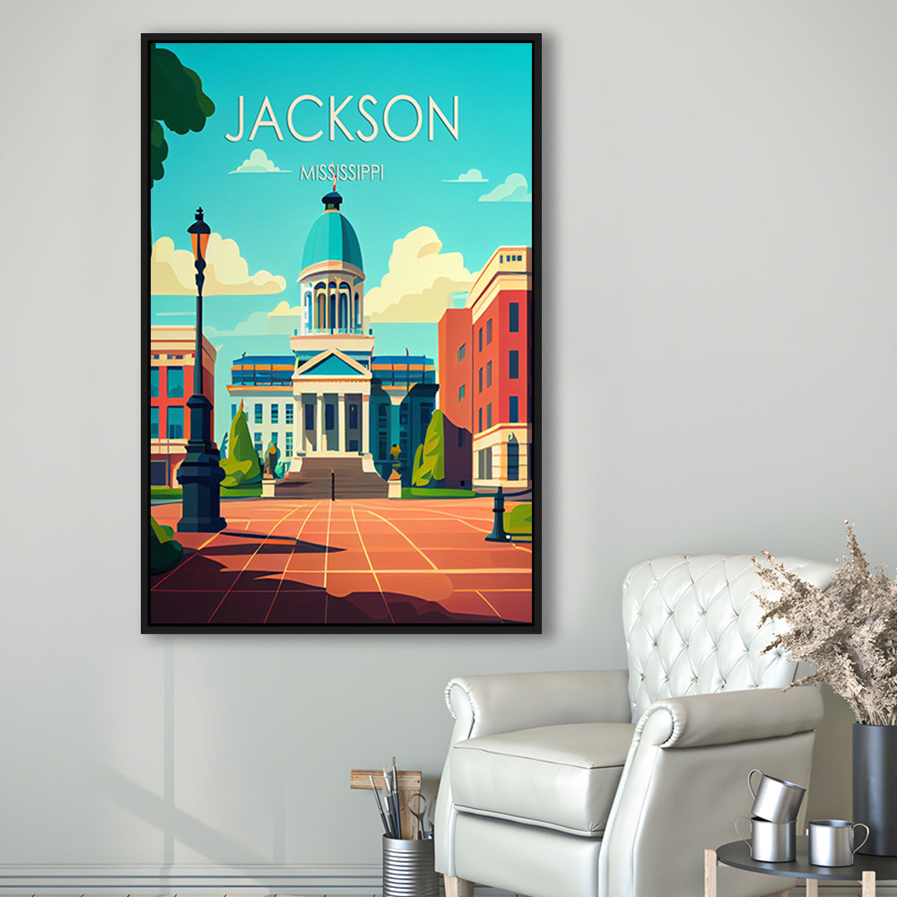 Jackson Mississippi Retro Art Print, Jackson City Wall Art, Floating Framed Canvas Print, Framed Picture, Painting Canvas