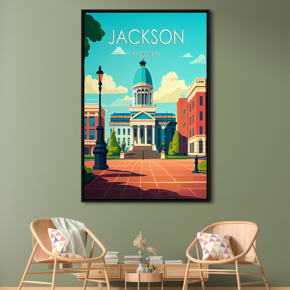 Jackson Mississippi Retro Art Print, Jackson City Wall Art, Floating Framed Canvas Print, Framed Picture, Painting Canvas