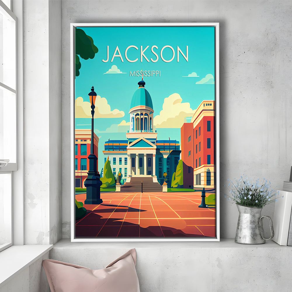 Jackson Mississippi Retro Art Print, Jackson City Wall Art, Floating Framed Canvas Print, Framed Picture, Painting Canvas