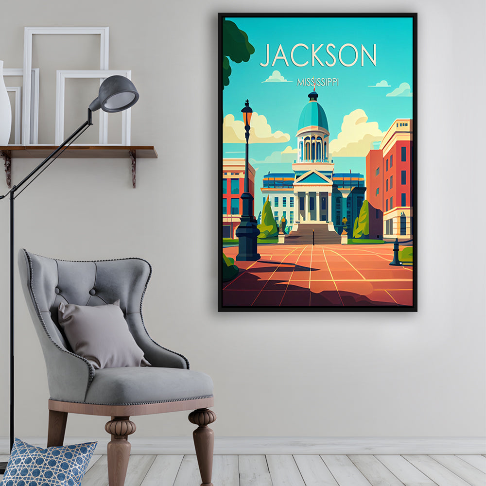 Jackson Mississippi Retro Art Print, Jackson City Wall Art, Floating Framed Canvas Print, Framed Picture, Painting Canvas