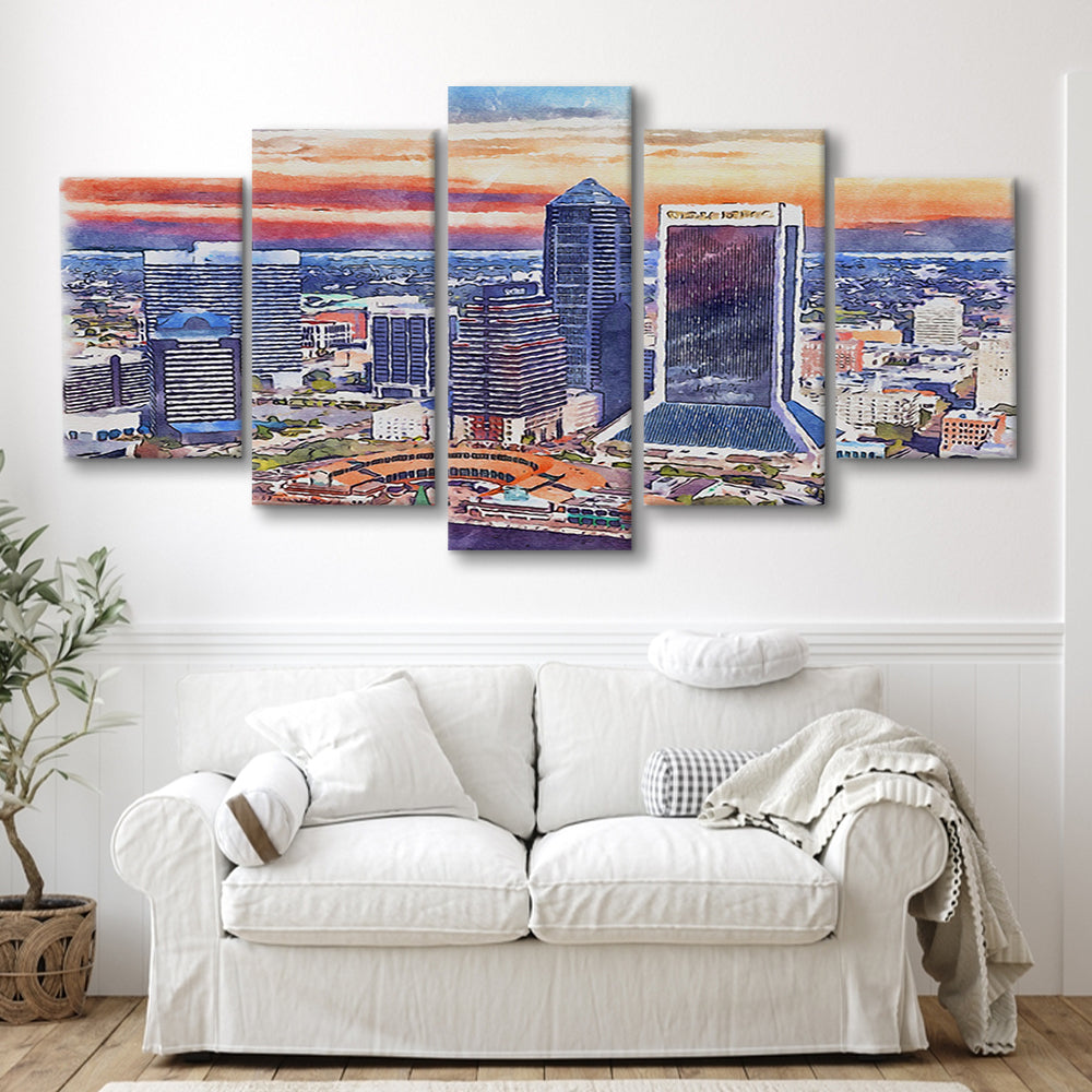 Jacksonville Watercolor Painting Canvas, Jacksonville Florida, Sport Art, Mixed 5 Panel, Canvas Print Wall Art