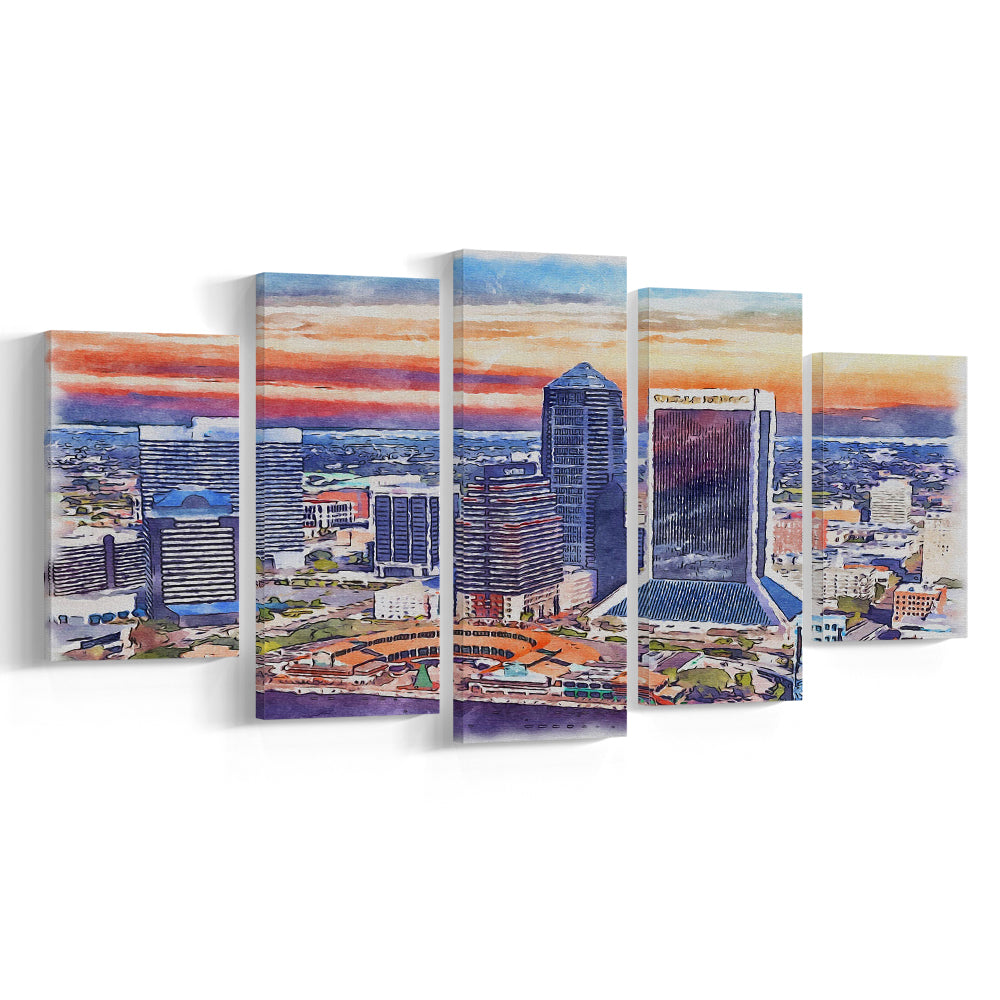 Jacksonville Watercolor Painting Canvas, Jacksonville Florida, Sport Art, Mixed 5 Panel, Canvas Print Wall Art