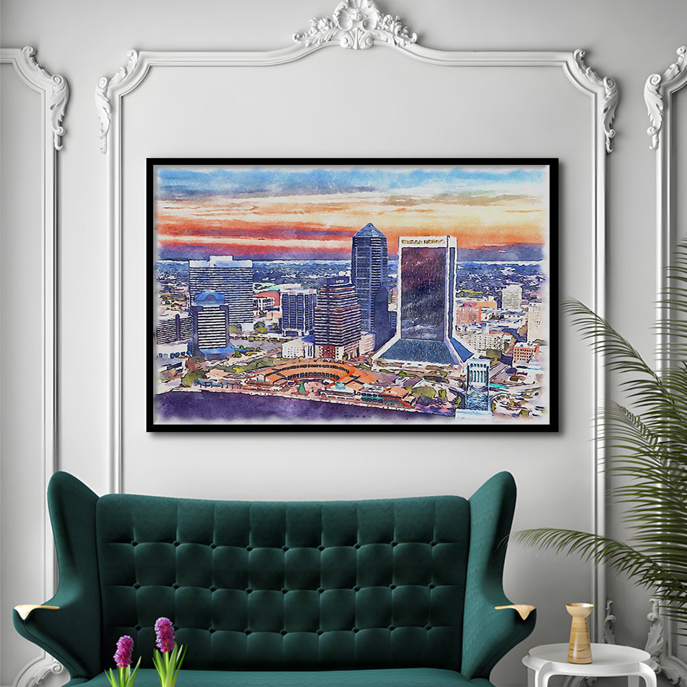 Jacksonville Watercolor Painting Canvas, Jacksonville Florida, Sport Gift Art, Framed Art Print Wall Decor