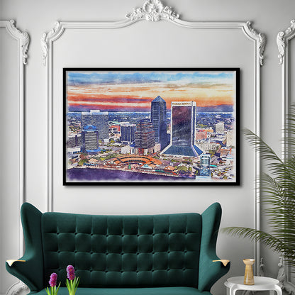 Jacksonville Watercolor Painting Canvas, Jacksonville Florida, Sport Gift Art, Framed Art Print Wall Decor
