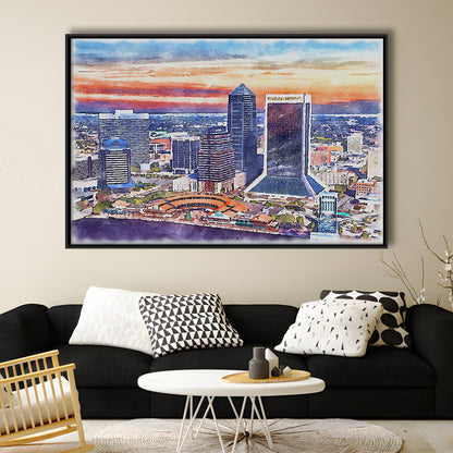 Jacksonville Watercolor Painting Canvas, Jacksonville Florida, Sport Gift Art, Framed Canvas Print Wall Art