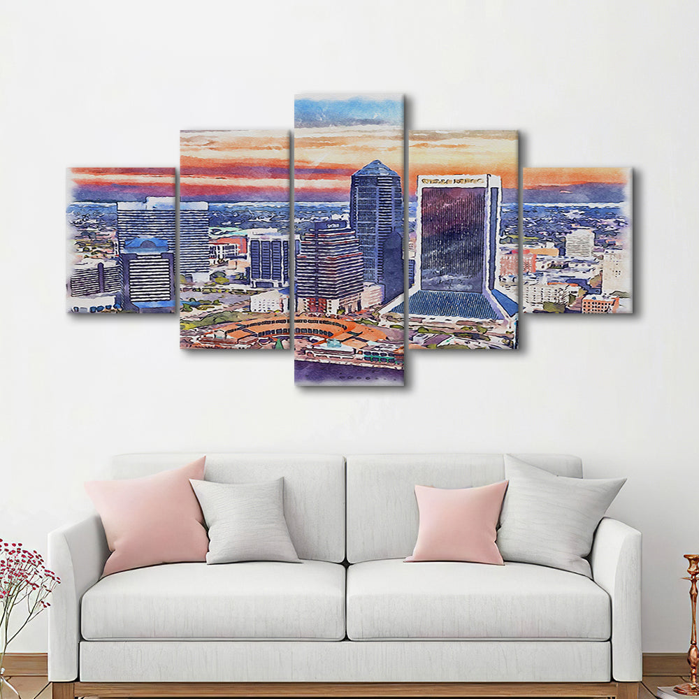 Jacksonville Watercolor Painting Canvas, Jacksonville Florida, Sport Art, Mixed 5 Panel, Canvas Print Wall Art