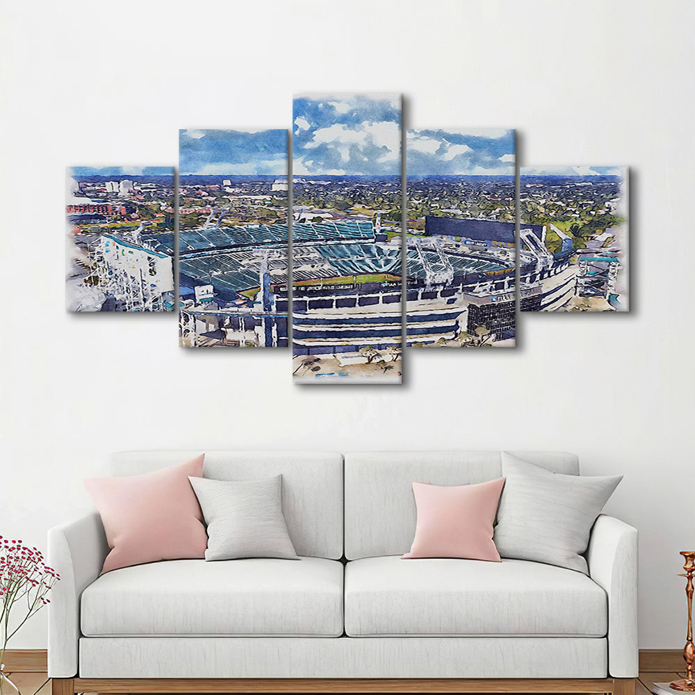 Jaguars Football Stadium, TIAA Bank Field Watercolor, Sport Art, Mixed 5 Panel, Canvas Print Wall Art