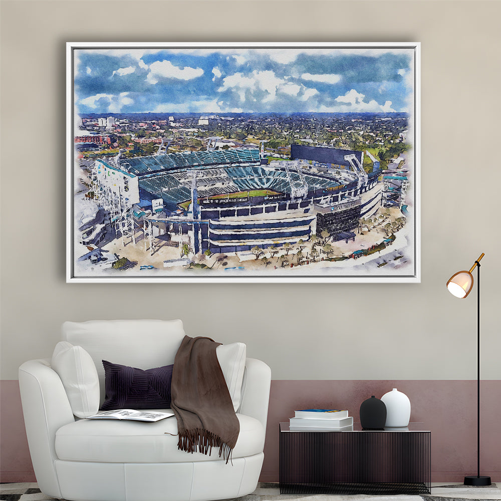Jaguars Football Stadium, TIAA Bank Field Watercolor, Sport Gift Art, Framed Canvas Print Wall Art