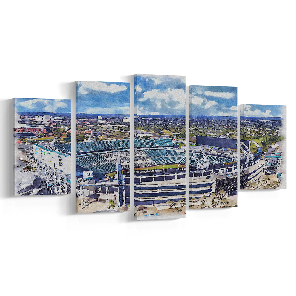 Jaguars Football Stadium, TIAA Bank Field Watercolor, Sport Art, Mixed 5 Panel, Canvas Print Wall Art