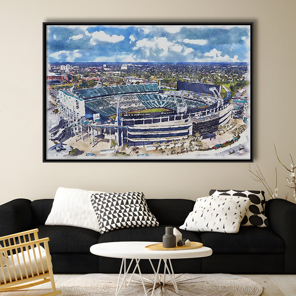 Jaguars Football Stadium, TIAA Bank Field Watercolor, Sport Gift Art, Framed Canvas Print Wall Art