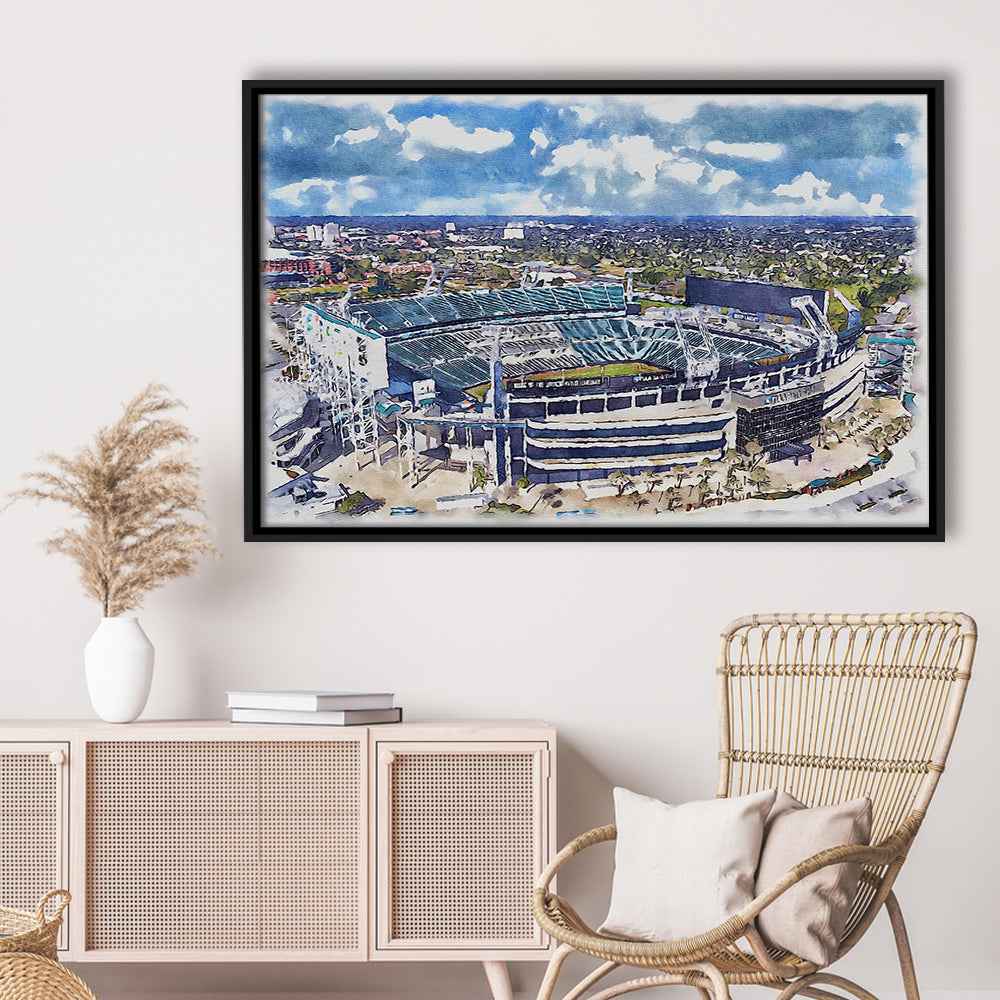 Jaguars Football Stadium, TIAA Bank Field Watercolor, Sport Gift Art, Framed Canvas Print Wall Art