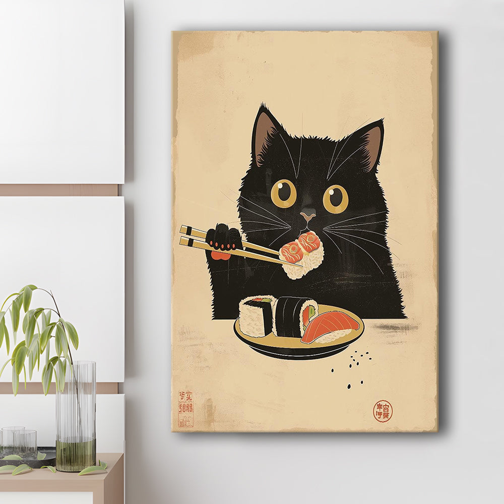 Japanese Sushi Cat, Japanese Cat Print, Cat Lovers Gift, Japanese Vintage Wall Art, Canvas Print, Canvas Decor