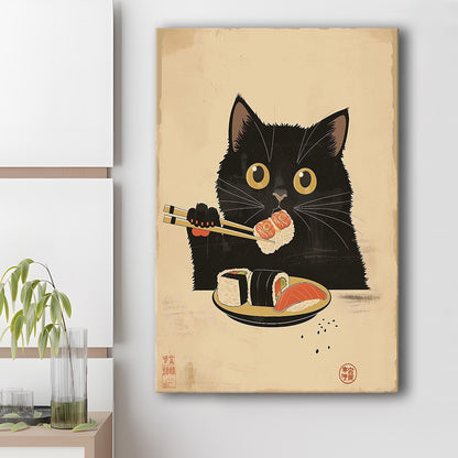Japanese Sushi Cat, Japanese Cat Print, Cat Lovers Gift, Japanese Vintage Wall Art, Canvas Print, Canvas Decor