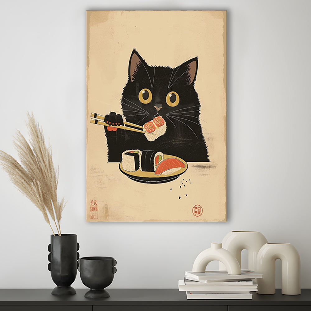 Japanese Sushi Cat, Japanese Cat Print, Cat Lovers Gift, Japanese Vintage Wall Art, Canvas Print, Canvas Decor