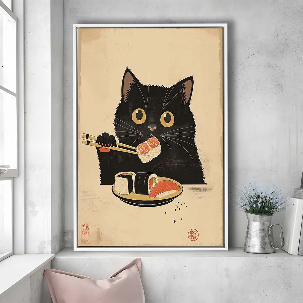Japanese Sushi Cat, Japanese Cat Print, Cat Lovers Gift, Japanese Vintage Wall Art, Framed Canvas Print, Floating Frame