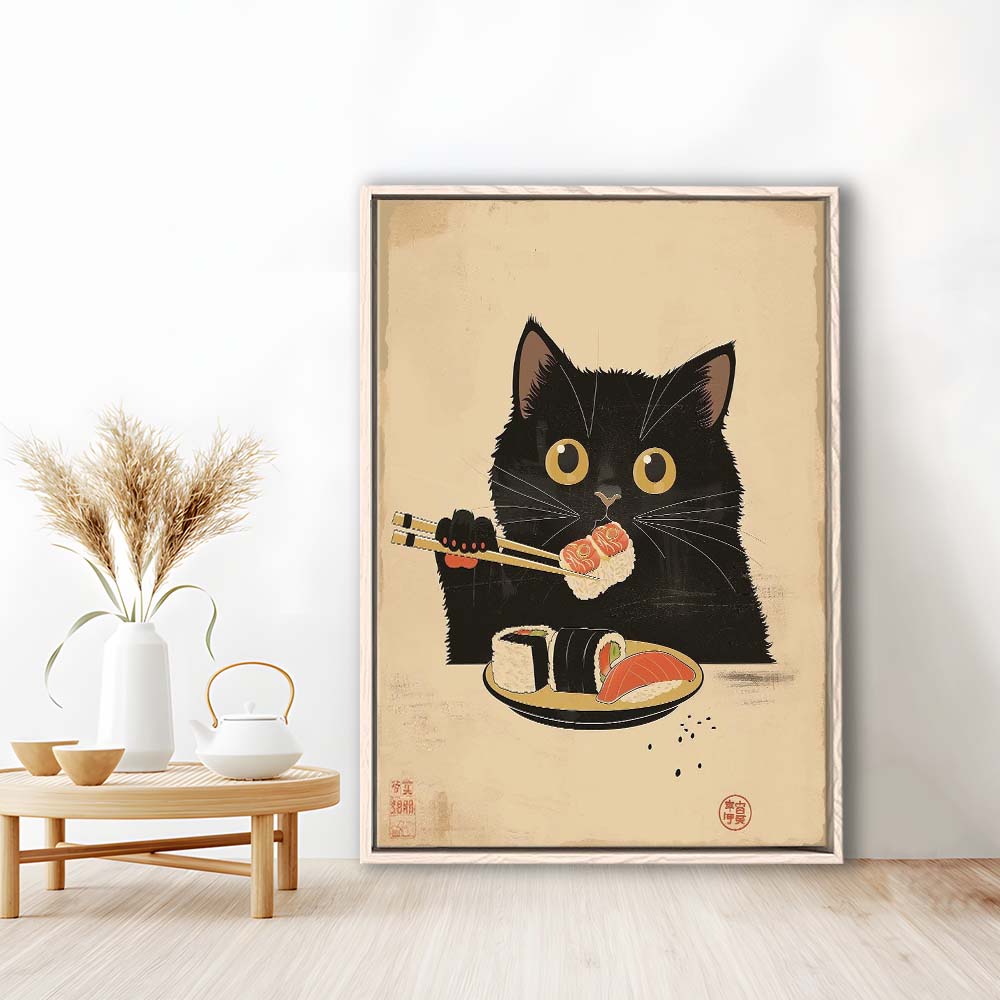 Japanese Sushi Cat, Japanese Cat Print, Cat Lovers Gift, Japanese Vintage Wall Art, Framed Canvas Print, Floating Frame