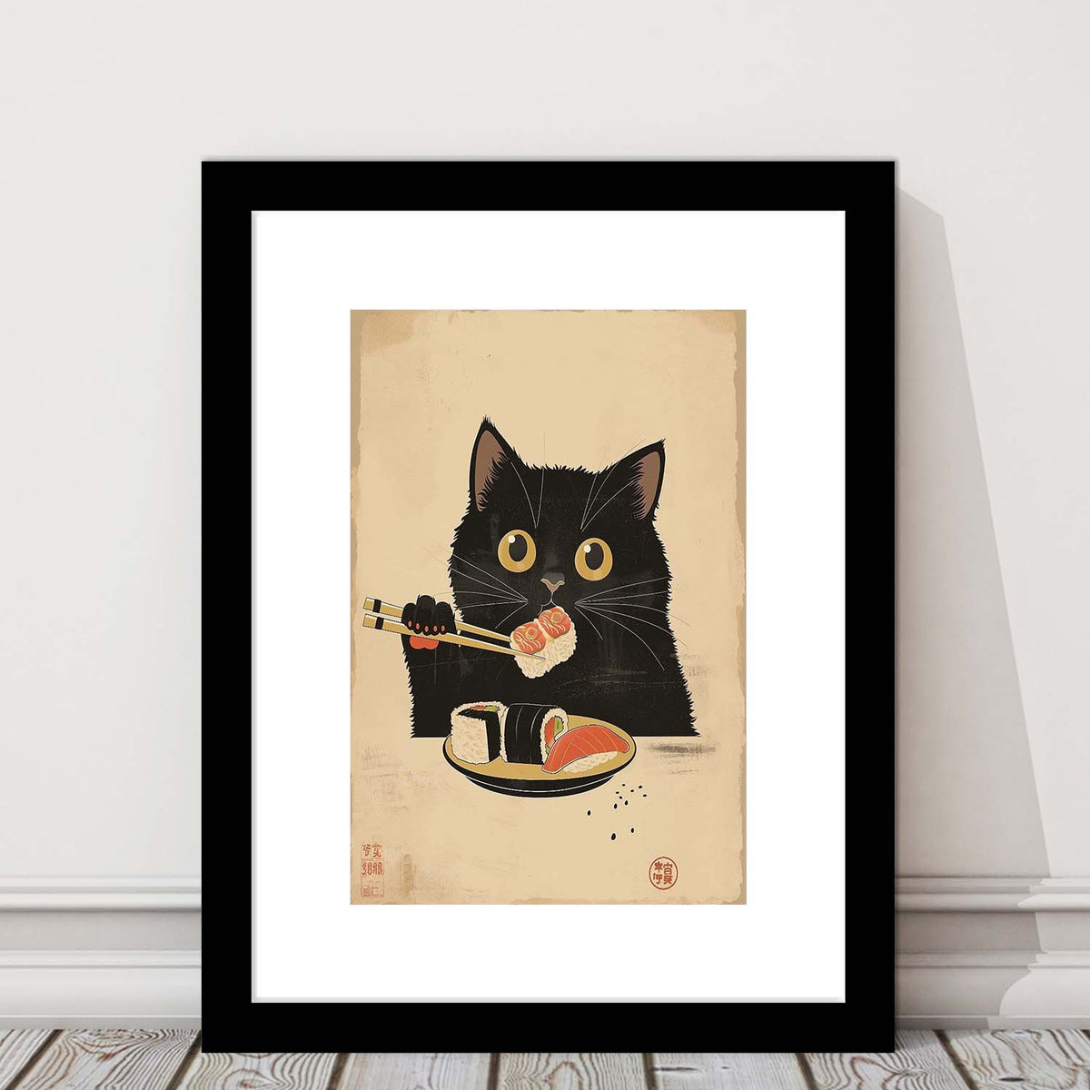 Japanese Sushi Cat, Japanese Cat Print, Cat Lovers Gift, Japanese Vintage Wall Art, Framed Art Print, White Border