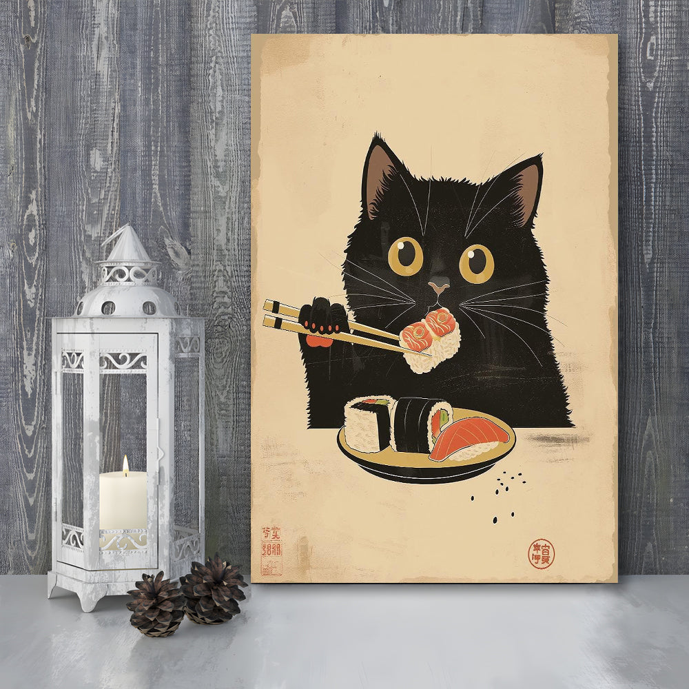 Japanese Sushi Cat, Japanese Cat Print, Cat Lovers Gift, Japanese Vintage Wall Art, Canvas Print, Canvas Decor