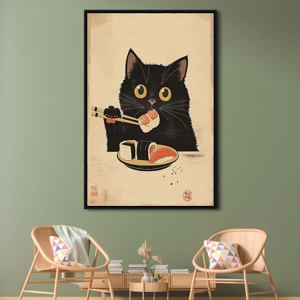 Japanese Sushi Cat, Japanese Cat Print, Cat Lovers Gift, Japanese Vintage Wall Art, Framed Canvas Print, Floating Frame