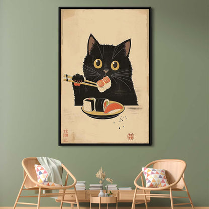 Japanese Sushi Cat, Japanese Cat Print, Cat Lovers Gift, Japanese Vintage Wall Art, Framed Canvas Print, Floating Frame