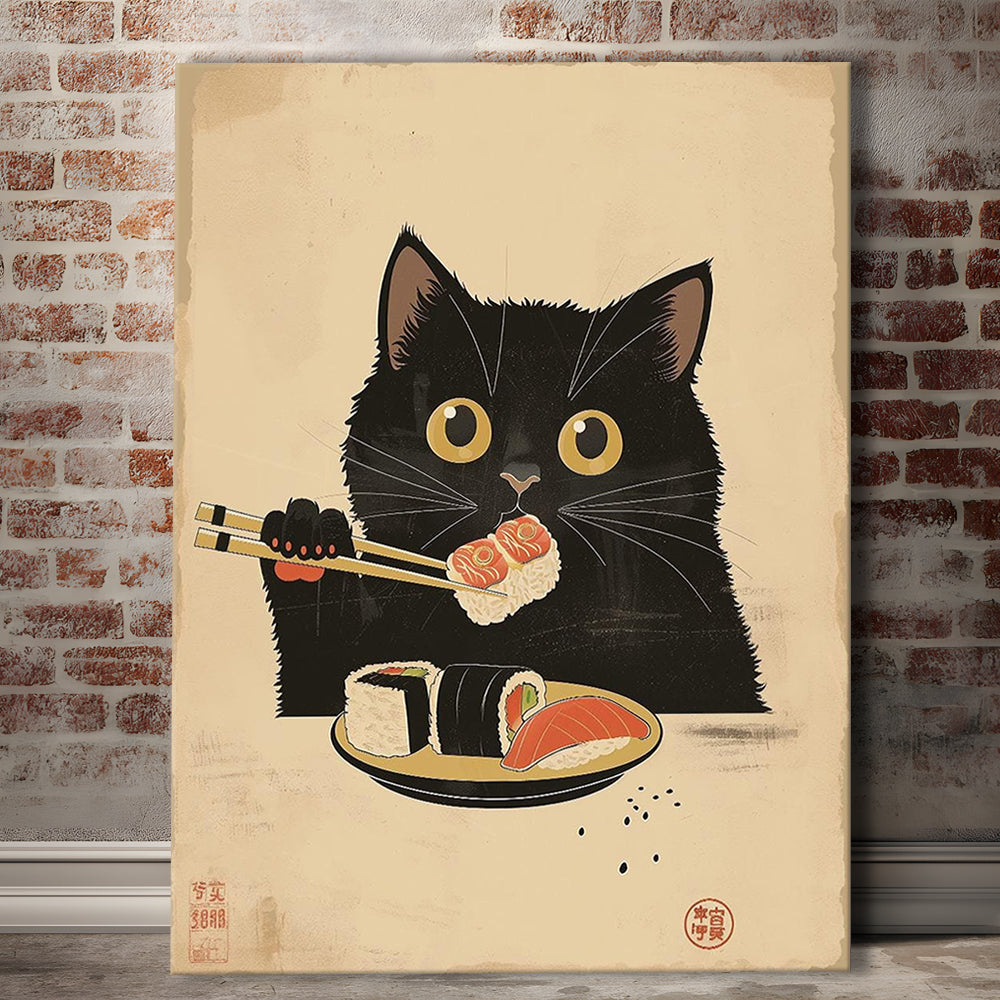 Japanese Sushi Cat, Japanese Cat Print, Cat Lovers Gift, Japanese Vintage Wall Art, Canvas Print, Canvas Decor