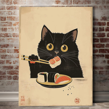 Japanese Sushi Cat, Japanese Cat Print, Cat Lovers Gift, Japanese Vintage Wall Art, Canvas Print, Canvas Decor