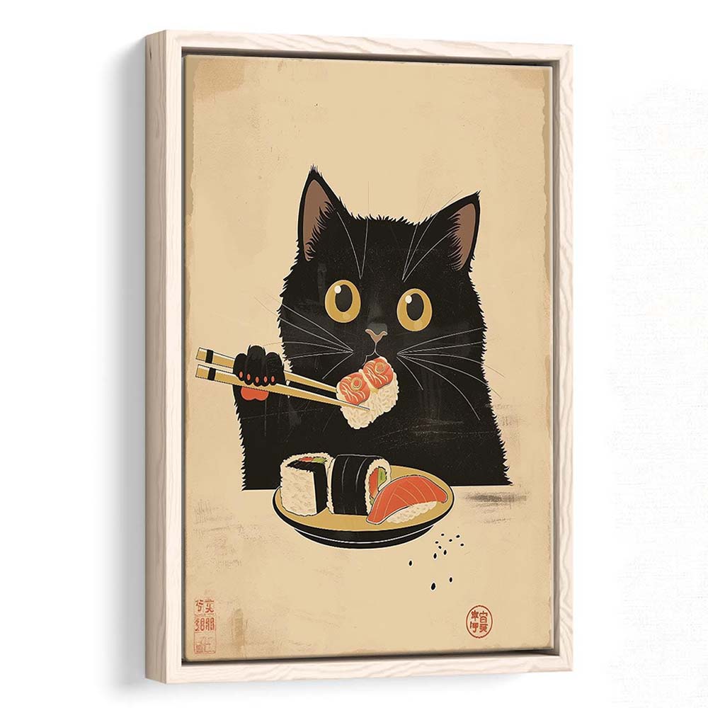 Japanese Sushi Cat, Japanese Cat Print, Cat Lovers Gift, Japanese Vintage Wall Art, Framed Canvas Print, Floating Frame
