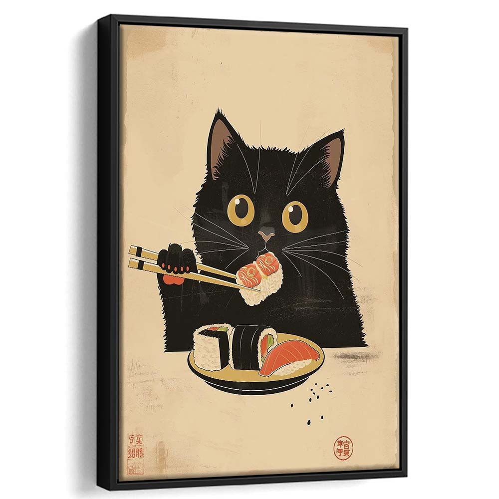 Japanese Sushi Cat, Japanese Cat Print, Cat Lovers Gift, Japanese Vintage Wall Art, Framed Canvas Print, Floating Frame