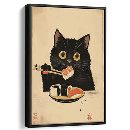 Japanese Sushi Cat, Japanese Cat Print, Cat Lovers Gift, Japanese Vintage Wall Art, Framed Canvas Print, Floating Frame