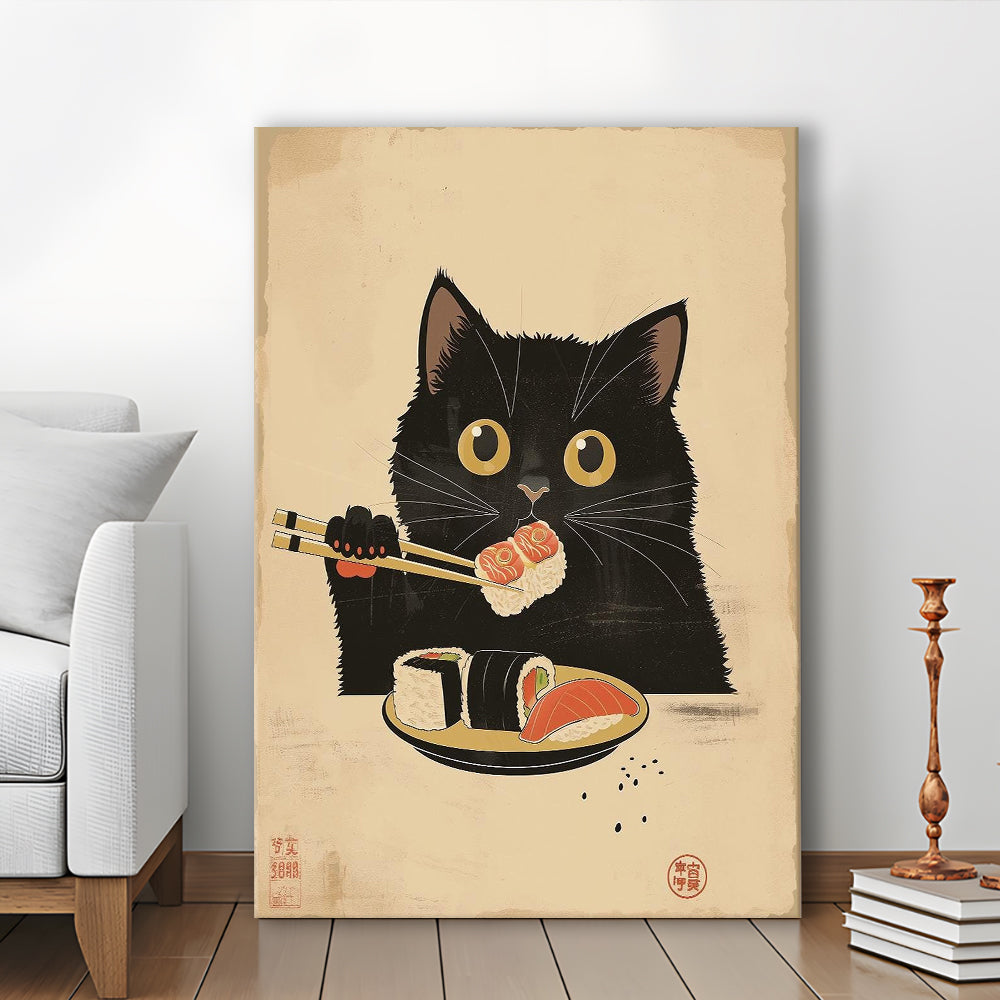 Japanese Sushi Cat, Japanese Cat Print, Cat Lovers Gift, Japanese Vintage Wall Art, Canvas Print, Canvas Decor