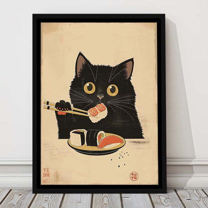 Japanese Sushi Cat, Japanese Cat Print, Cat Lovers Gift, Japanese Vintage Wall Art, Framed Canvas Print, Floating Frame