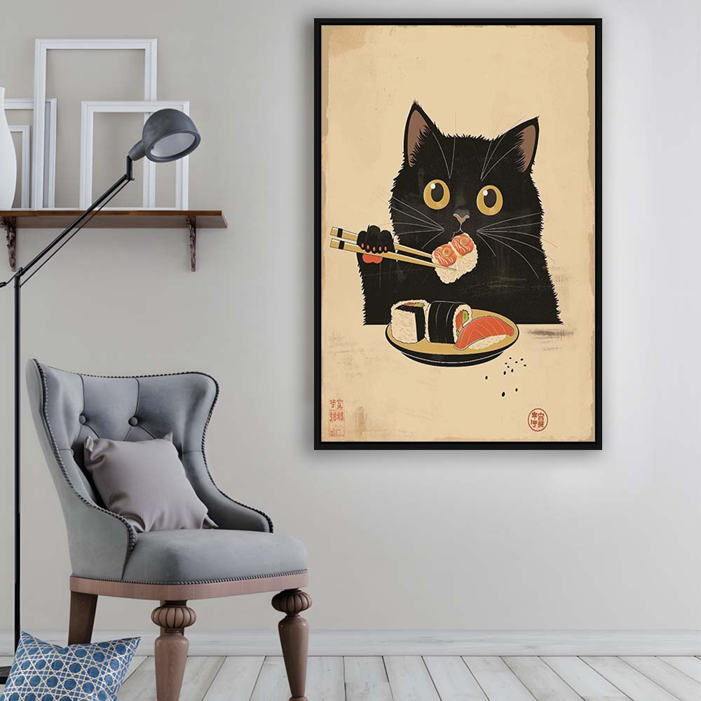 Japanese Sushi Cat, Japanese Cat Print, Cat Lovers Gift, Japanese Vintage Wall Art, Framed Canvas Print, Floating Frame