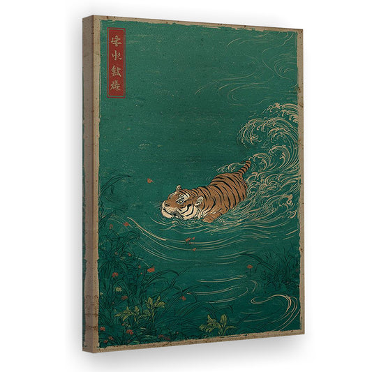 Japanese Tiger Swimming Print, Vintage Ukiyo-E Style Wall Art, Minimalist Animal, Asian Decor, Canvas Print, Canvas Decor