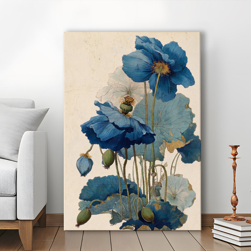 Japanese Woodblock Print, Traditional Ukiyo-E Botanical, Blue Floral Wall Art, Japanese Home Decor, Canvas Print, Canvas Decor