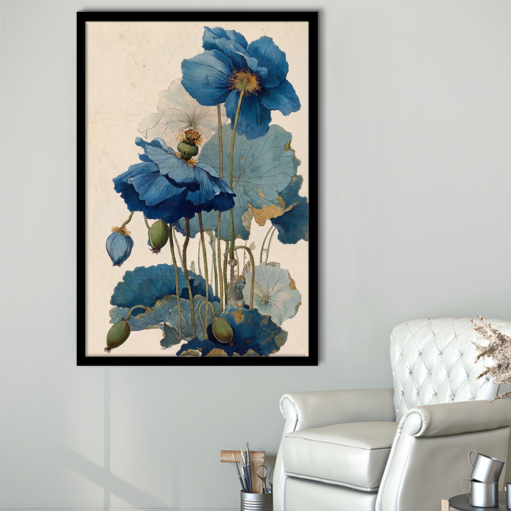 Japanese Woodblock Print, Blue Floral Wall Art, Japanese Home Decor, Framed Art Print, Fine Art Print