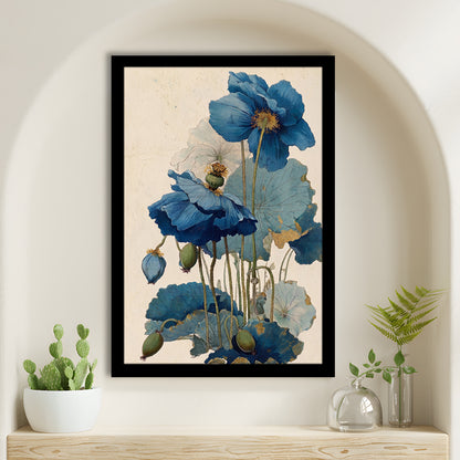 Japanese Woodblock Print, Blue Floral Wall Art, Japanese Home Decor, Framed Art Print, Fine Art Print