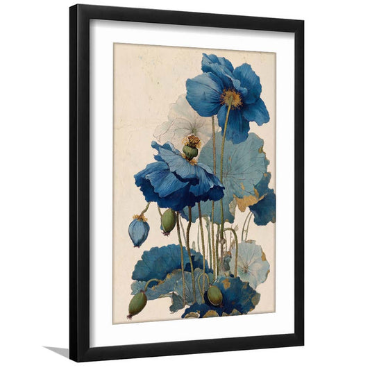 Japanese Woodblock Print, Blue Floral Wall Art, Japanese Home Decor, Framed Art Print, White Border